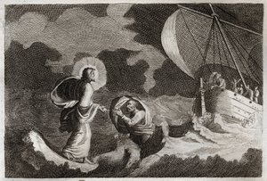 Royaumontská Bible, Nový zákon: Svatý Petr chodí po vodě. Ježíš Kristus chodí po moři a nutí tam chodit svatého Petra. Ilustrace z roku 1811. od Unknown artist