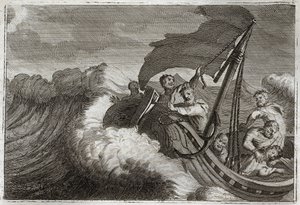 Royaumontská Bible, Nový zákon: Tempete se uklidnila. Apoteři jsou překvapeni bouří probuzeným Ježíšem Kristem, který spal v jejich lodi, a také uklidňuje Galilejské jezero. Ilustrace z roku 1811. od Unknown artist