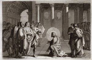 Royaumontská Bible, Nový zákon: Cizoložná žena. Ježíš Kristus se božsky klame z pastí, které na něj Židé položili, a ptá se ho, co by se mělo udělat se ženou přistiženou při cizoložství, a říká: „Kdo z vás je bez hříchu, ať hodí. od Unknown artist