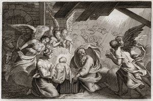 Royaumontská Bible, Nový zákon: Narození Páně. Ježíš Kristus se narodil z blahoslavené Panny Marie ve stáji v Betlémě. Ilustrace z roku 1811. od Unknown artist