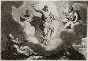 Royaumontská Bible, Nový zákon: Proměnění Ježíše Krista. Kristus obklopuje Mojžíše a Eliáše s apoštoly svatým Janem, Petrem a Jakubem. Ilustrace z roku 1811. od Unknown artist