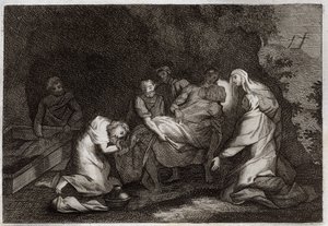 Royaumontská Bible, Nový zákon: Hrob. Hrob Ježíše Krista. Mezi postavami obklopujícími tělo Ježíše Krista: Panna Maria, svatá Nikodéma, svatý Josef z Arimatie, svatý Jan Evangelista a svatá Marie Magdalena. Ilustrace z 18 od Unknown artist