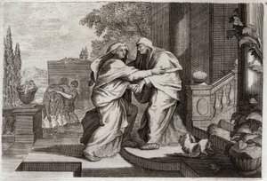 Royaumontská Bible, Nový zákon: Navštívení. Blahoslavená Panna Maria navštíví svou sestřenici Elisabeth. Ilustrace z roku 1811. od Unknown artist