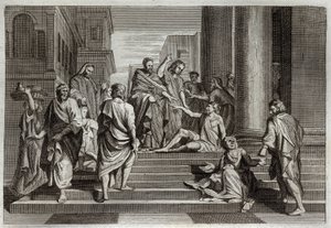 Royaumontská Bible, Nový zákon: Válka chromých. Svatý Petr v doprovodu svatého Jana zázračně bojoval s chromým mužem v Jeruzalémě. Ilustrace z roku 1811. od Unknown artist