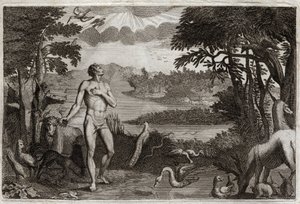 Royaumontská Bible, Starý zákon: Stvoření muže a ženy. Bůh, který stvořil člověka, dal ho do pozemského ráje a zakázal mu jíst ovoce ze stromu poznání dobra a zla. Ilustrace z roku 1811. od Unknown artist