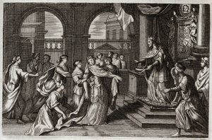 Royaumontská Bible, Starý zákon: Ester se představí před králem Xerxem I. (Assuerus I.) s úmyslem zachránit svůj lid před smrtí, která mu hrozila. Ilustrace z roku 1811. od Unknown artist