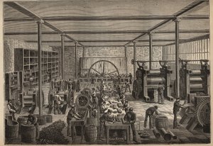 Guma: gumárna. Rytina z roku 1885 v „“Les arts et metiers illustres““ od Adolphe BITARDA. od Unknown artist