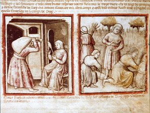 Ruth a Noemi (Naomi, Noemie) pracující na polích miniatury Boaz (Booz) z kodexu 212 (nebo kodexu padovano nebo Bible z Padovy) 1390-1400 Rovigo, Accademia dei Concordi od Unknown artist