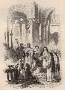 Plavba Saint Cunegonde z Lucemburska (asi 975-1033/1039) v roce 1024, předaná evekou Paderborn Meinwerk (asi 975-1036) v benediktinském opatství Kaufungen v Německu. Rytina z roku 1868 v „Histoire de Belgique od primitivních dob po od Unknown artist