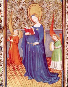 Svatá Cecile obklopená dvěma andělskými hudebníky Miniatura převzatá z „Hodiny Eduarda I. (Duarte) z Portugalska (1391-1438)“ Lisabon 15. století, Torre do Tombo od Unknown artist