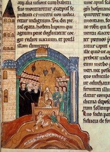 Saint Hugues de Cluny (1024-1109), abbé z Cluny, zachraňuje mrtvého muže v Paříži. Miniatura převzata z historické a liturgické sbírky od Unknown artist