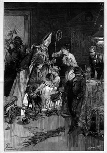 Svátek svatého Mikuláše (Saint Nicholas) v Lotrinsku, který přináší hračky dětem. Doprovází ho komper ďábel, který mu přináší yardy. Gravírování v „“Le Monde Illustré““ od Unknown artist