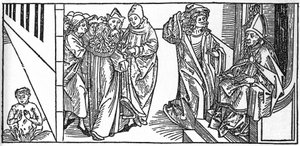 Svatý Severine. Rytina z „Životů svatých – letní část“ (Kniha světce) od Jacoba (Jakuba) z Voragine (1228-1298). Lubeck 1488. od Unknown artist