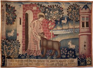 Svatý Vaast a medvěd. Saint Vaast, Saint Vedast nebo Saint Gaston (zemřel v roce 540, eveque a patron Arras a jeho diecéze) krotí zvíře na břehu řeky Crinchon. Gobelín, druhá polovina 15. století. Muzeum výtvarného umění v Arrasu od Unknown artist