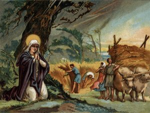 Sainte Genevieve (422-502), patronka Paříže uchovává úrodu bouře v Meaux. Chromolitografie kolem roku 1890. od Unknown artist