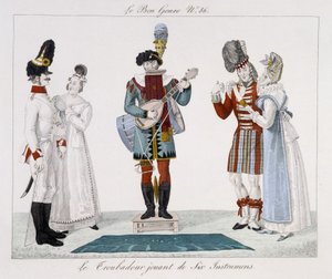 Saltimbanks: Trubadúr hrající na šest nástrojů – v žánru „“Le bon“, deb. 19. století od Unknown artist