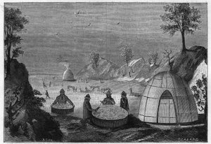 Sámský čaroděj předpovídající budoucnost pomocí kouzelného bubnu. Rytina z roku 1885. od Unknown artist