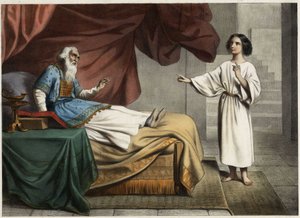 Samuel, který uprostřed noci zaslechne hlas lorda, který ho volá, si myslí, že toto je jeho rádce velekněz Eli (Heli). Anonymní rytina z poloviny 19. století. od Unknown artist