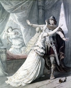 Scéna „“Cola Rienzi, poslední z Tribunů““ (Rienzi, der Letzte der Tribunen), opera Richarda Wagnera představující hrdinu Rienziho s Irene v Kapitolském paláci. 1842. Rytina. od Unknown artist