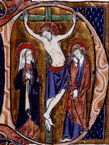 Scéna ukřižování na hlavičkovém papíře (písmeno D). Miniatura v „“ Speculum historiale““ od Vincenta De Beauvais (12. století) od Unknown artist