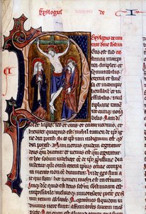 Scéna ukřižování na hlavičkovém papíře (písmeno D). Miniatura v „“ Speculum historiale““ od Vincenta De Beauvais (12. století) od Unknown artist
