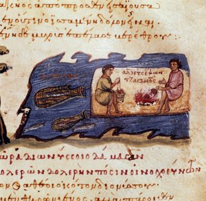 Scéna nočního rybaření Miniatura z lovu „Kynegetici““ od Oppiana (Oppian nebo Oppianus) ze Sýrie (3. století po JC) věnovaná Caracallovi - 11. století - Benátky, Biblioteca Marciana od Unknown artist