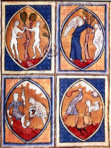 Scény z Bible zobrazené v mandorlech. Nahoru Adam a Eva sbírají zakázané ovoce a pak loví z nebe. Tam dole Adam obdělává zemi a Eva dává vlnu, Kain a Ábel. Miniatura z rukopisu ze 13. století. Porto, Městská knihovna od Unknown artist
