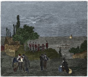 Vědecký experiment: výpočet rychlosti zvuku od Humboldta, Louise-Josepha Gay-Lussace (Louis Joseph Gay Lussac), Bouvarda, Pronyho a Mathieua, který určuje dobu, která uplyne mezi vnímáním světla a výstřelem z pistole, v noci od Unknown artist