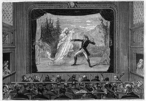 Vědecké pořady: živá spektra. Zažijte spektra na divadelní scéně. Komik bojuje s duchem. Gravírování do ""La Nature"" od Unknown artist