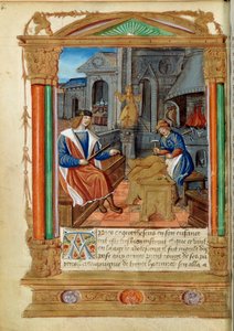 Sochařství: mistr řídí práci svého učedníka, vyřezává orla. Miniatura z „“Roman de Theseus de Cologne et de Godifer““ Paříž 16. století, B.N. od Unknown artist