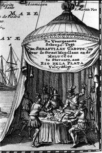 Sebastiano Caboto (Sebastien Cabot) představuje na kazetě navigační mapy s jinými navigátory. Počátek 17. stol. od Unknown artist