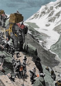 Druhá punská válka. Armáda Hannibala Barcy překračující Alpy, 218 př.nl. Italská rytina 19. století. od Unknown artist