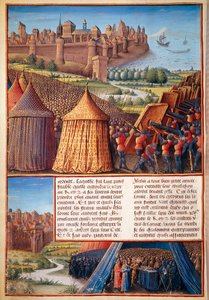 Druhá křížová výprava: pohled na obléhání Ascalonu v roce 1153 Balduinem III. (1131-1162). Miniatura převzata z „Pasáže, které Francouzi udělali v Zámoří proti Turkům a dalším Saracénům a Moures Outremarine“ od Sebastiena Mamerota od Unknown artist