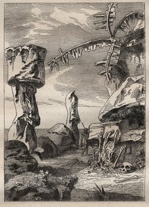 Druhá plavba (1772-1775) kapitána Jamese Cooka (1728-1779): památky Velikonočního ostrova (monumentální sochy, moai) - ilustrace převzata z „“Velcí námořníci 18. století““ od Unknown artist