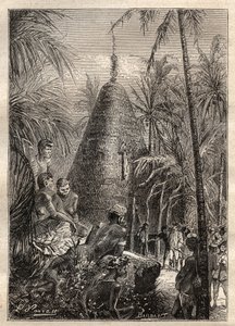 Druhá plavba (1772-1775) kapitána Jamese Cooka (1728-1779): tradiční kruhový dům, na střeše značně vyvýšeného místa (Nová Kaledonie) - ilustrace převzata z „Velkých námořníků 18. století““ od Unknown artist