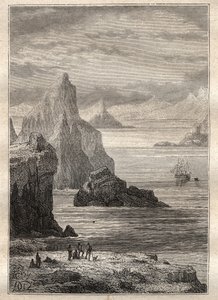 Druhá plavba (1772-1775) od kapitána Jamese Cooka (1728-1779): pohled na Noel Canal, Terre de Fuego - ilustrace převzata z „Velkých námořníků 18. století““ od Unknown artist
