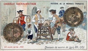 Série Historie francouzské měny nakladatelství Chocolat Guérin Boutron. Chromolitografie 19. století. Měděná mince od Ludvíka XV v roce 1757 od Unknown artist