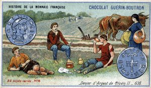 Série Historie francouzské měny nakladatelství Chocolat Guérin Boutron. Chromolitografie 19. století. Stříbrný denier Clovis II v roce 638 od Unknown artist