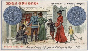 Série Historie francouzské měny nakladatelství Chocolat Guérin Boutron. Chromolitografie 19. století. Stříbrný denier od Philippe le Bel v roce 1285 od Unknown artist