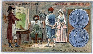 Série Historie francouzské měny nakladatelství Chocolat Guérin Boutron. Chromolitografie 19. století. mince 15 stříbrných půd v roce 1791 od Unknown artist