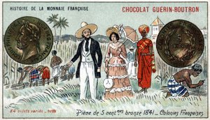 Série Historie francouzské měny nakladatelství Chocolat Guérin Boutron. Chromolitografie 19. století. 5 centová bronzová mince v roce 1841. Francouzské kolonie od Unknown artist