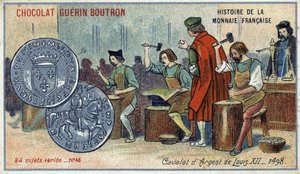 Série Historie francouzské měny nakladatelství Chocolat Guérin Boutron. Chromolitografie 19. století. Stříbrný kavalot Ludvíka XII. 1498 od Unknown artist