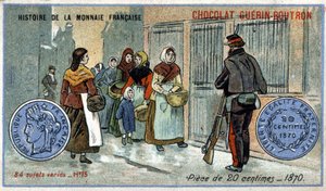 Série Historie francouzské měny nakladatelství Chocolat Guérin Boutron. Chromolitografie 19. století. 20 centimová mince v roce 1870 od Unknown artist