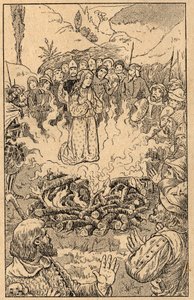 Zůstává uprostřed plamenů... Svatá Růže z Viterba (Rosa da Viterbo) (1233-1252). Rytina z konce 19. století. Soukromá sbírka. od Unknown artist