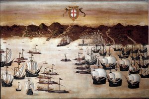 Lodě v přístavu Genes (malba 16. století) od Unknown artist