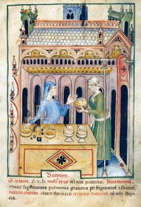 Kauppa voileivän ja kahden naisen kanssa, kuvitus Tacuinum sanitatisista, valaistu käsikirjoitus, latinalainen arabiankielinen uusintapainos 1000-luvulta od Unknown artist