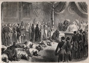 Siamští velvyslanci se plazí směrem k francouzské císařské rodině během slavnostní audience ve Fontainebleau za přítomnosti Napoleona III. (1808-1873), Eugenie (Eugenia de Montijo od Unknown artist