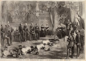 Siamští velvyslanci se během návštěvy hradu Windsor doplazili ke královně Viktorii Iere (1819-1901) a princi Albertovi (1819-1861). Rytina do „“ The Ilustrated London News““ z 5. prosince 1857. od Unknown artist