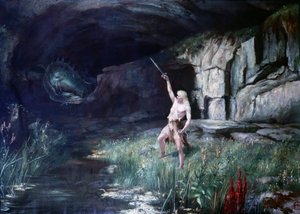 Siegfried čelem k draku Fafnerovi zamával mečem. Scéna opery „Prsten Nibelungův““ Richarda Wagnera (1813 - 1883). Malování. od Unknown artist