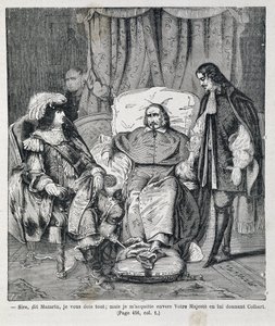 Sire, řekl Mazarin, "Dlužím vám všechno, ale platím Vašemu Veličenstvu tím, že mu dám Colberta." Kardinál Jules Mazarin (Giulio Raimondo Mazzarino nebo Mazarino) (1602-1661) představuje Jean Baptiste (Jean-Baptiste) Colberta (1619-1683) a Ludvíka XIV. (163 od Unknown artist